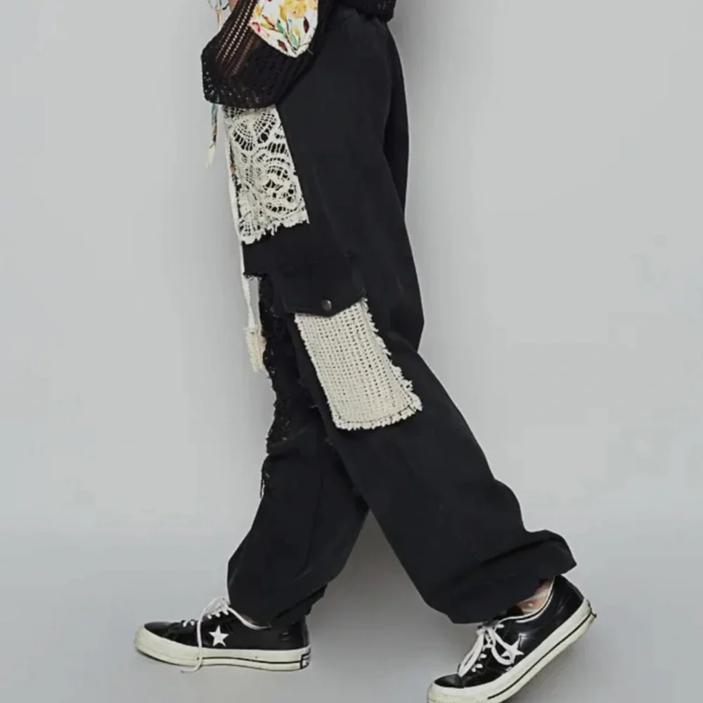 🆕 POL Crochet Patchwork Black Distressed Jogger Pants w/Lace and Knit Accents